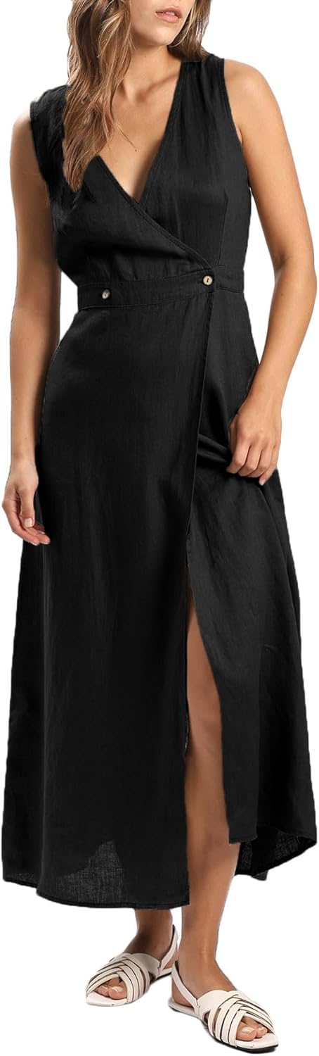 Women's 100% Linen Sleevelesss V-Neck Wrap Midi Dresses