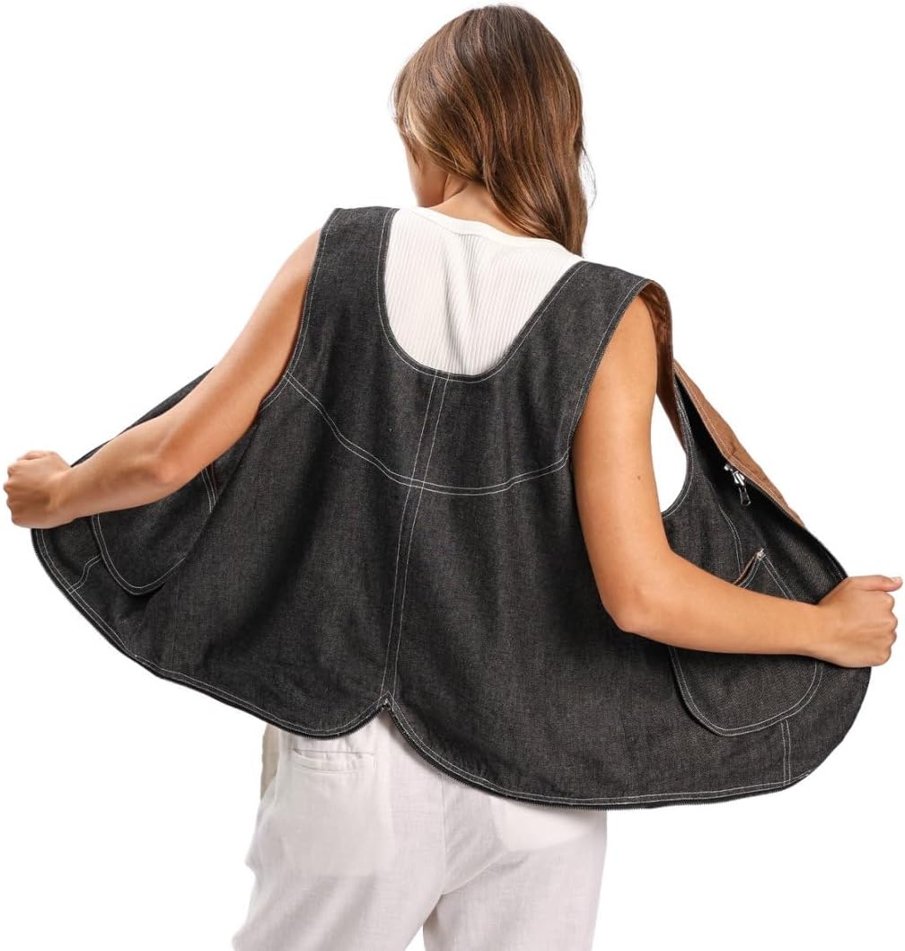 Women's Linen Denim Zip-up Waistcoat Sleeveless Tops Dual-use Hobo Bag