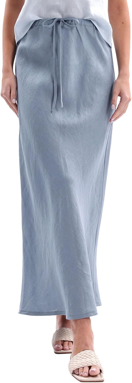 Women's 100% Linen Drawstring A-Line Midi Skirt