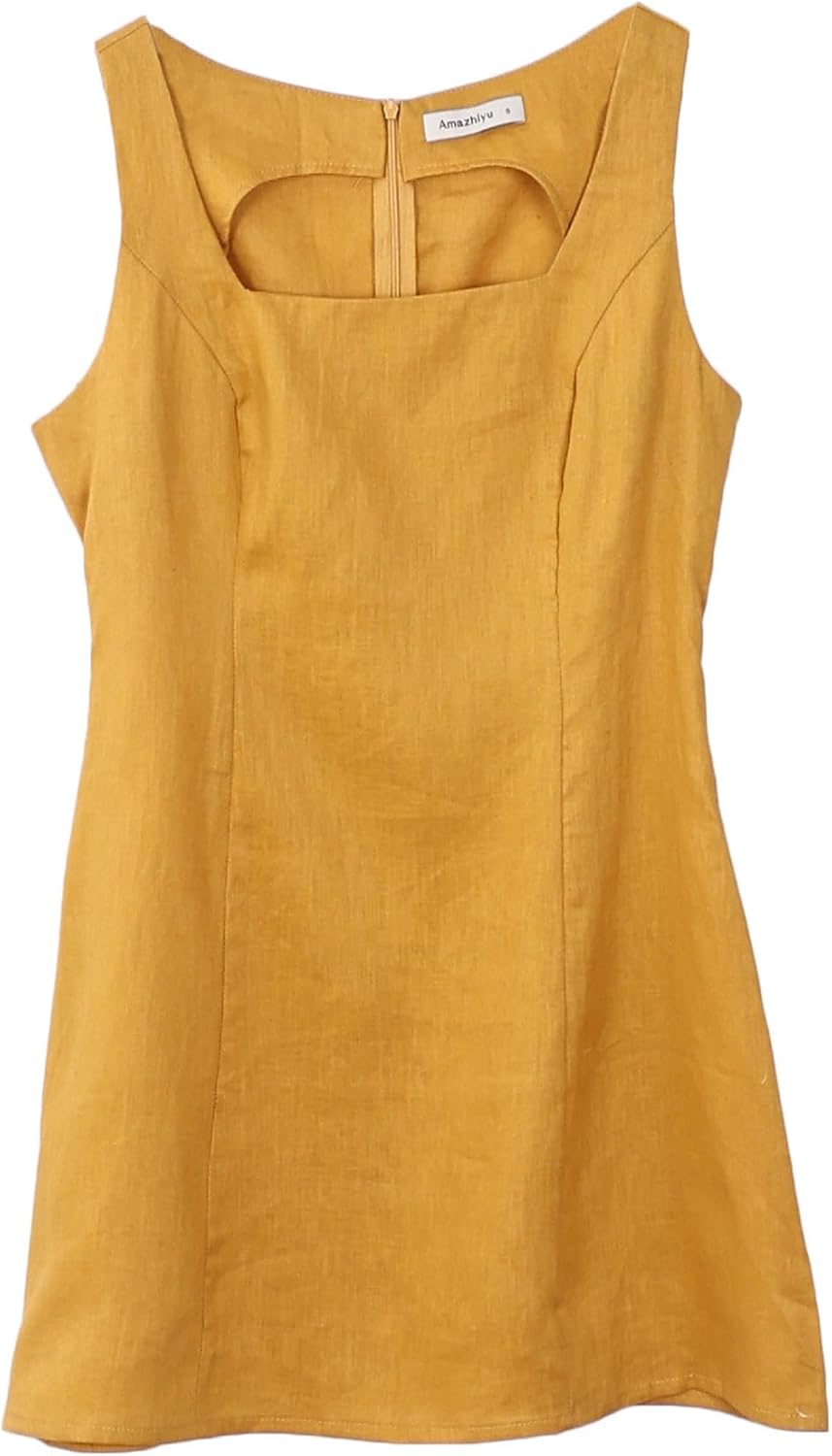 Women's 100% Linen Square Neck Sleeveless Mini Tank Dresses