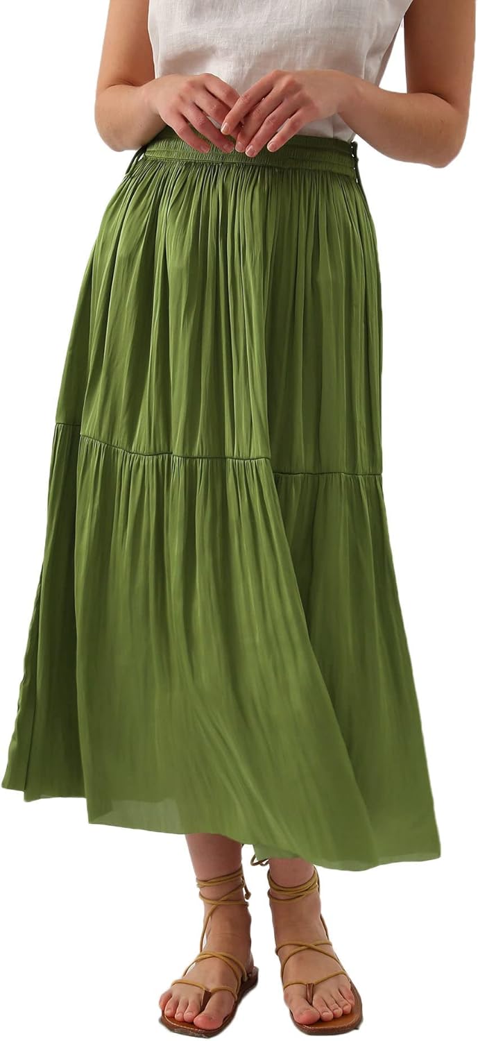 Women's Pleated A Line Flowy Midi Skirt