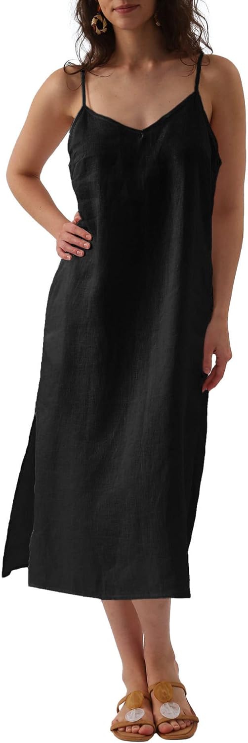 Women's 100% Linen Spaghetti Strap Slip Midi Dress with Pockets