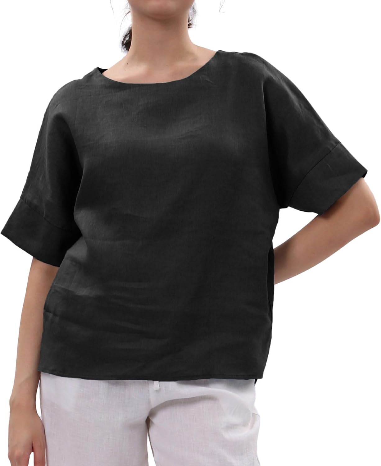 Women's 100% Linen Tops Crewneck Short Sleeve Blouses