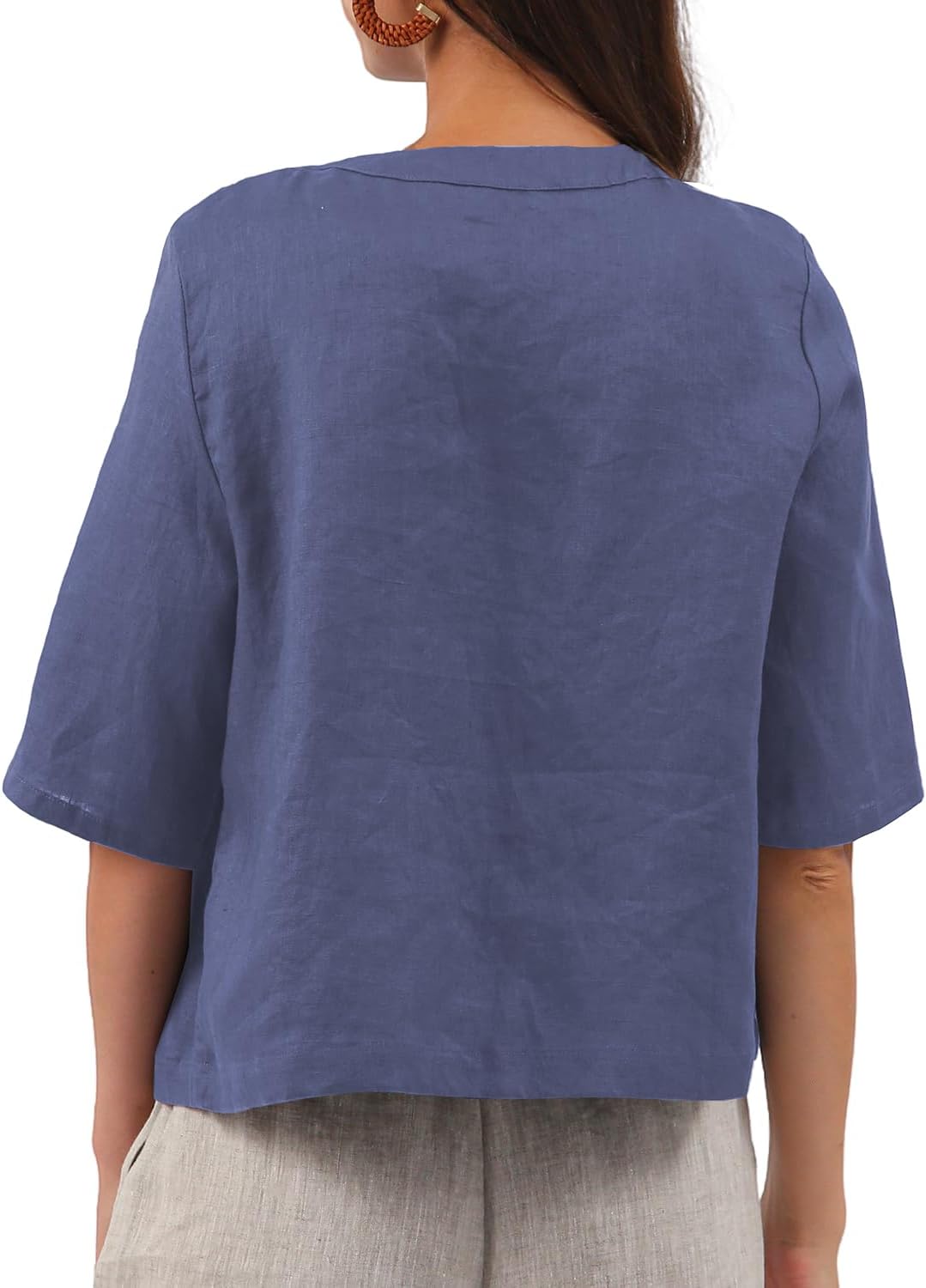 Women's 100% Linen Open Front Elbow Sleeve Cropped Cardigan