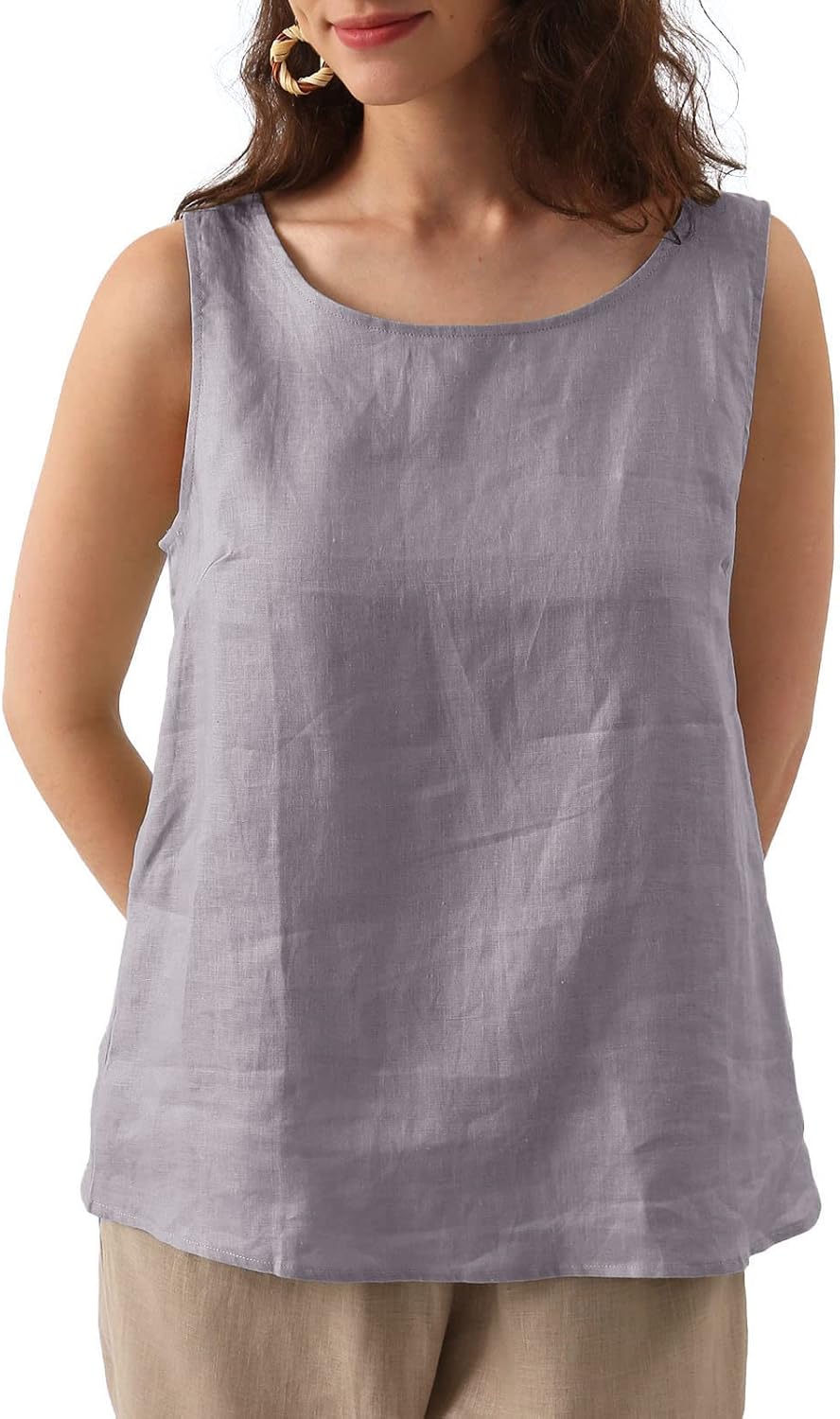 Women's 100% Linen Crewneck Sleeveless Tank Tops