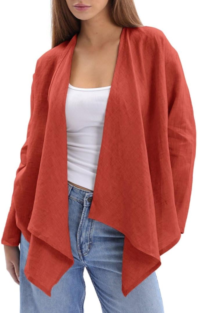Women's 100% Linen Draped Open Asymmetric Cardigan