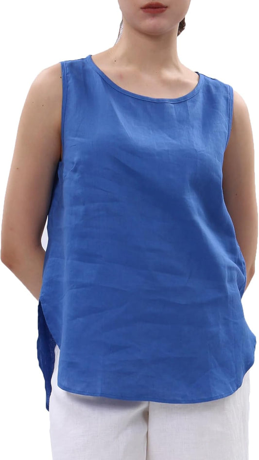 Womens 100% Linen Crewneck Sleeveless Tank Tops