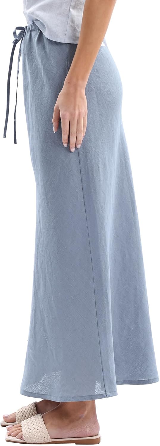 Women's 100% Linen Drawstring A-Line Midi Skirt