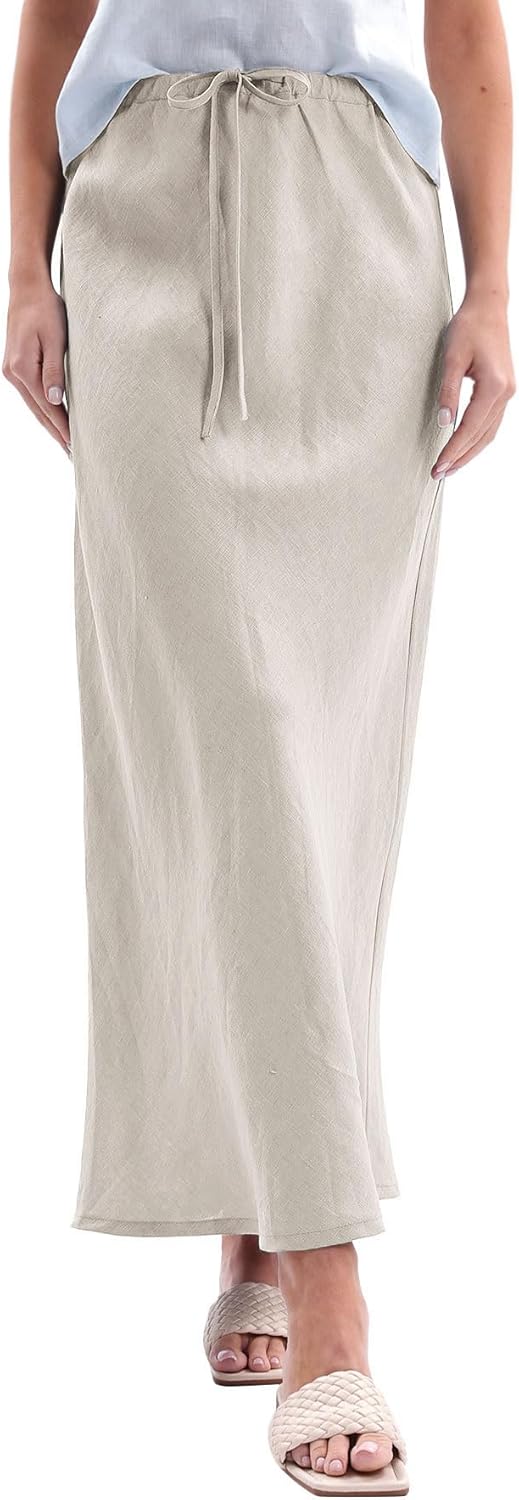 Women's 100% Linen Drawstring A-Line Midi Skirt