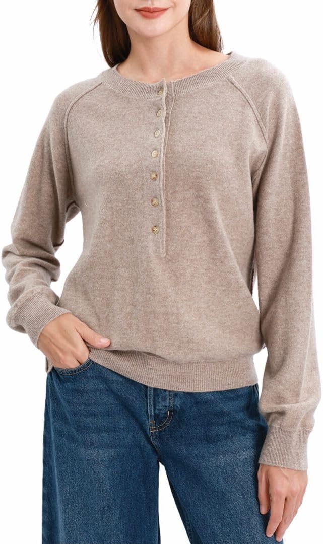 Women’s 100% Wool Henley Sweaters Long Sleeve Button Up Tops