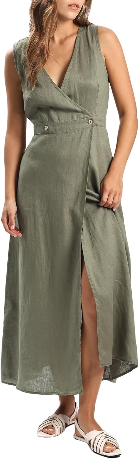 Women's 100% Linen Sleevelesss V-Neck Wrap Midi Dresses