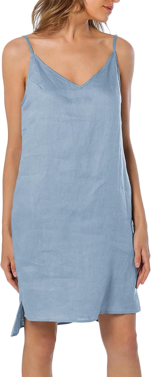Women's 100% Linen V Neck Spaghetti Strap Dresses with Slit