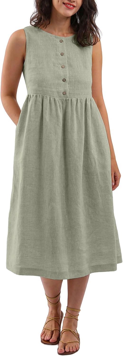 Women's 100% Linen Sleeveless Button Front Pleated Midi Dresses