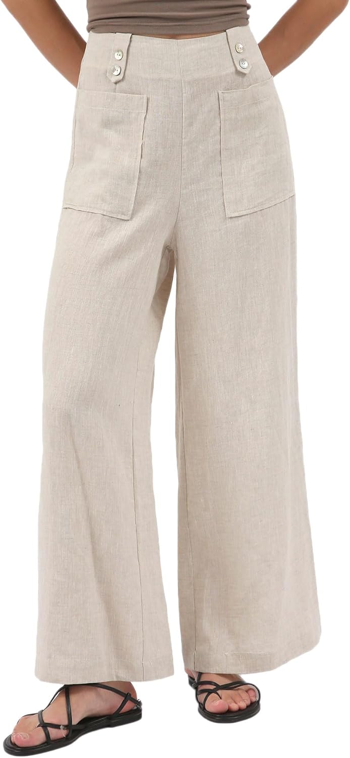 Women's 100% Linen High Waist Wide Leg Pants