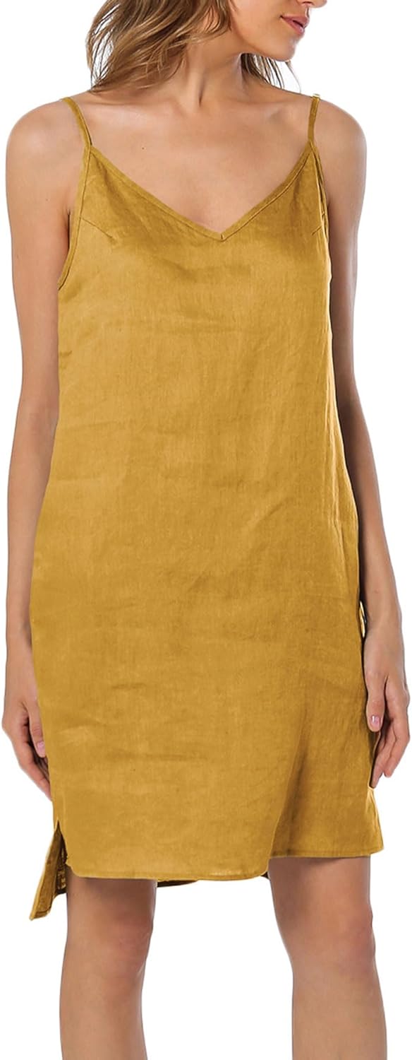 Women's 100% Linen V Neck Spaghetti Strap Dresses with Slit