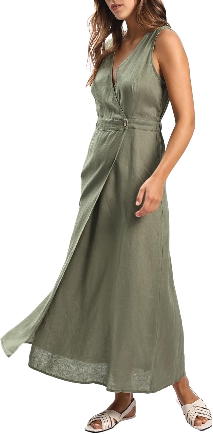 Women's 100% Linen Sleevelesss V-Neck Wrap Midi Dresses
