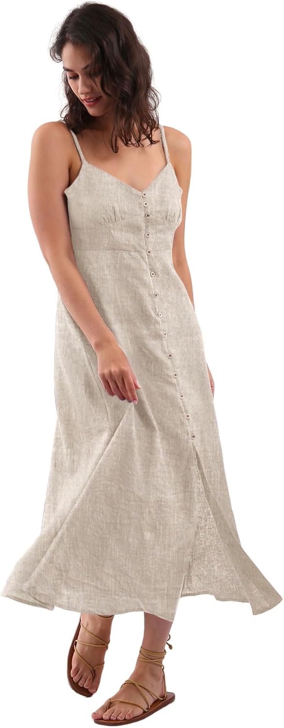Women's 100% Linen Spaghetti Strap Button Down Midi Dress