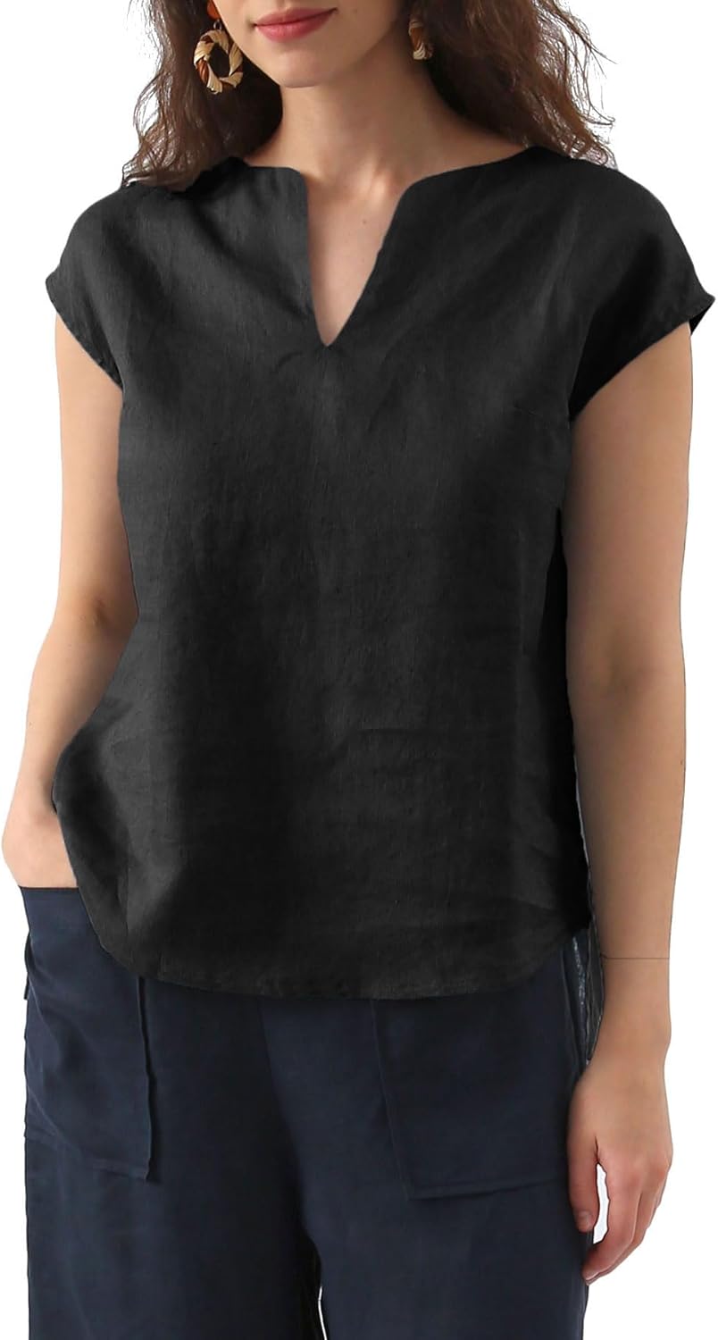 Women's 100% Linen Cap Sleeve Blouse Basic Top