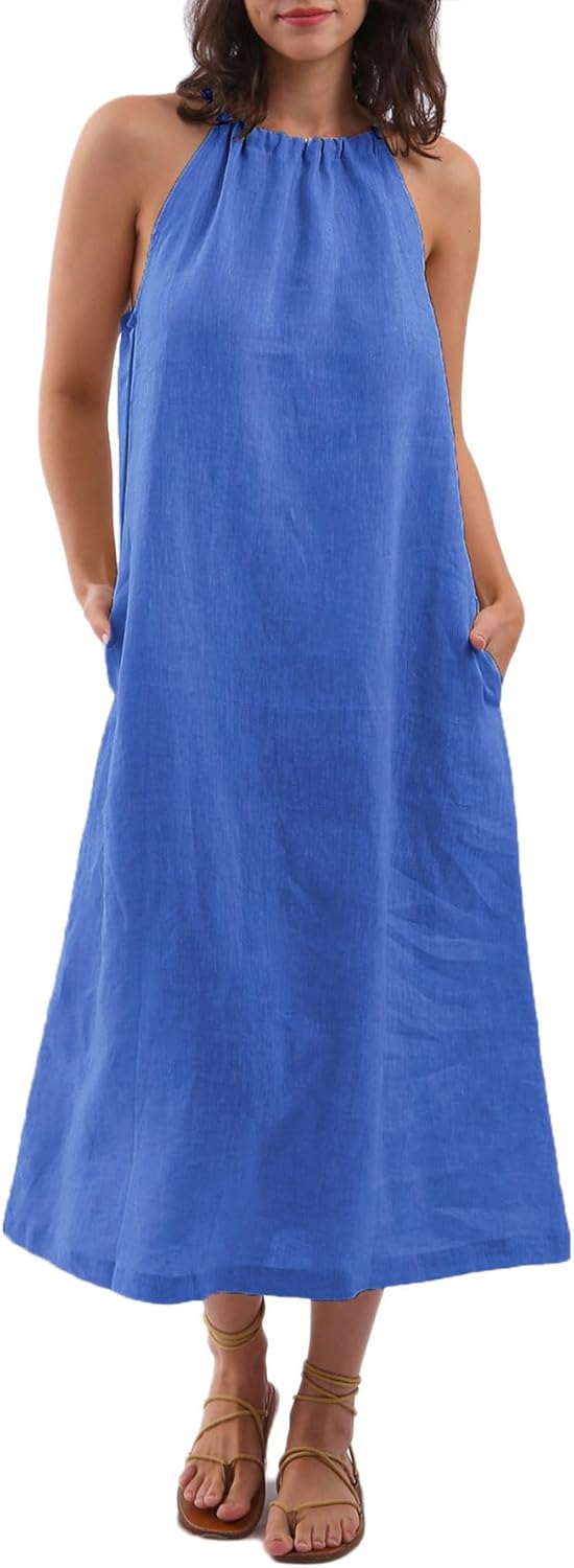 Women's Linen Halter Sleeveless Maxi Dress