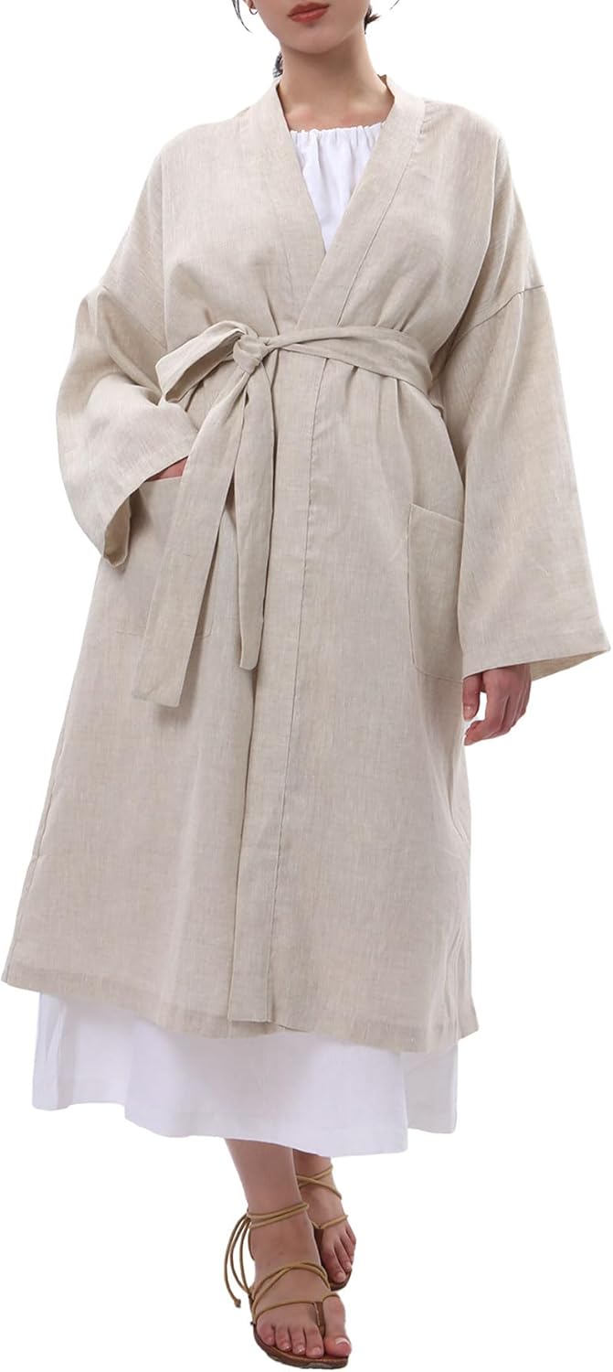 Women's 100% Linen Mid Length Kimono Robes Long Sleeve Bathrobe