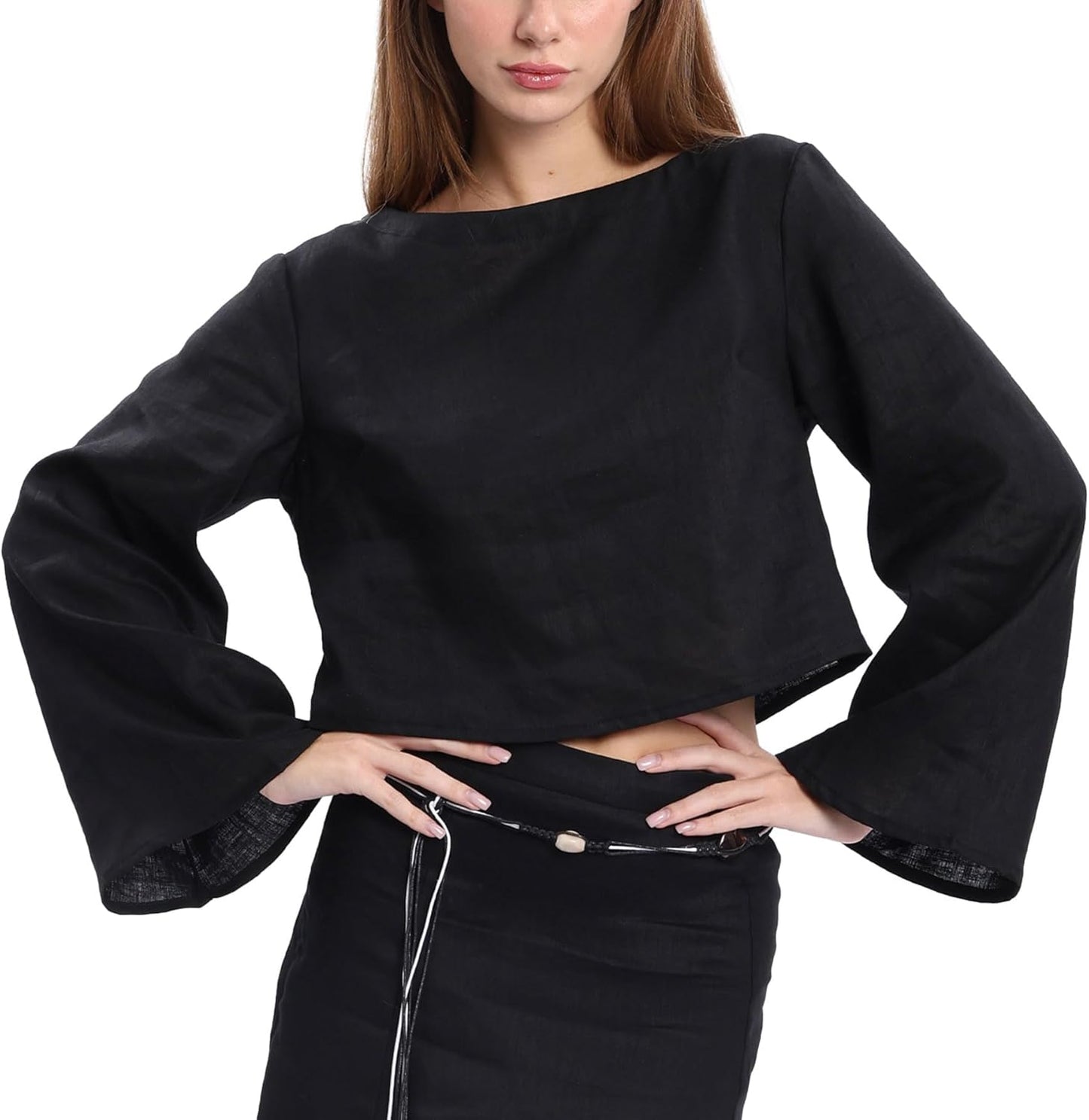 Women's 100% Linen Crop Top Long Sleeve Blouse