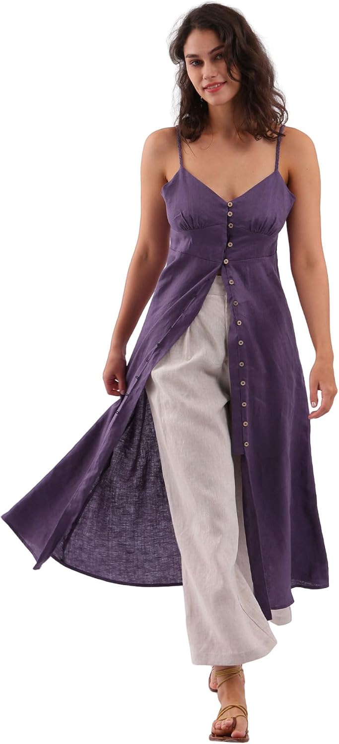Women's 100% Linen Spaghetti Strap Button Down Midi Dress