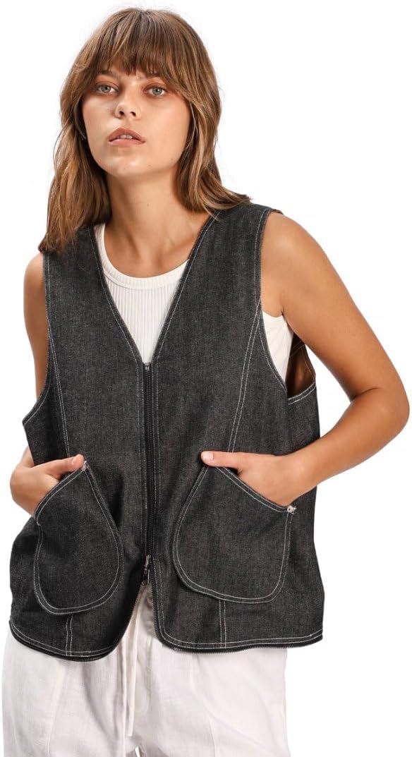 Women's Linen Denim Zip-up Waistcoat Sleeveless Tops Dual-use Hobo Bag