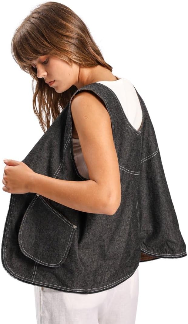 Women's Linen Denim Zip-up Waistcoat Sleeveless Tops Dual-use Hobo Bag