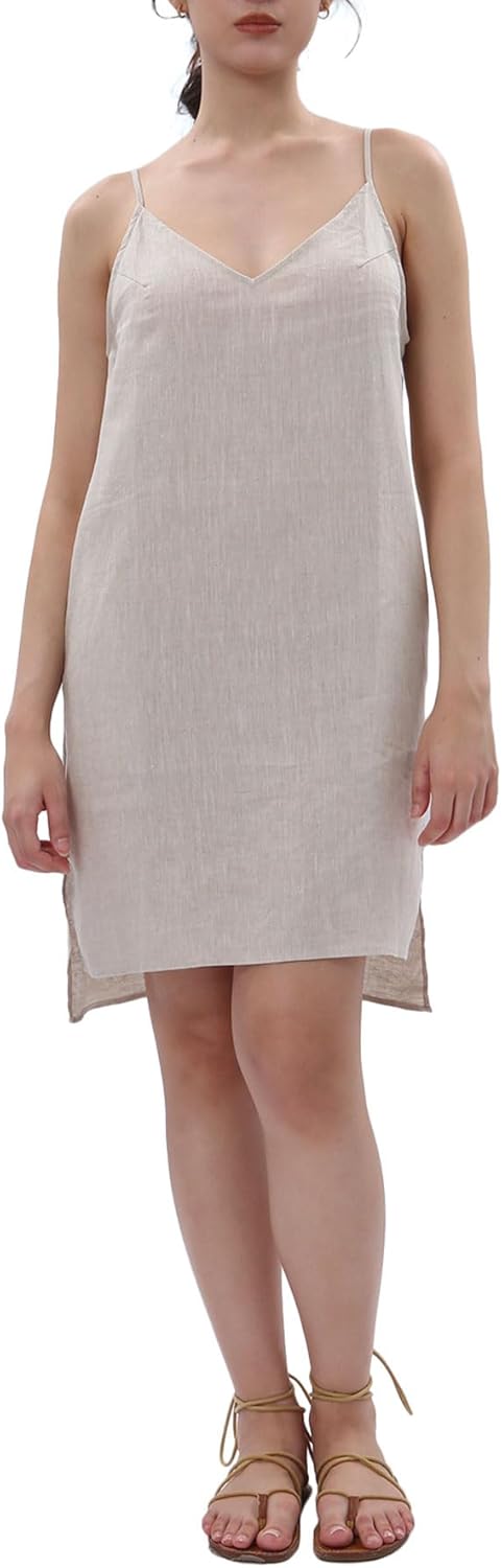 Women's 100% Linen V Neck Spaghetti Strap Dresses with Slit