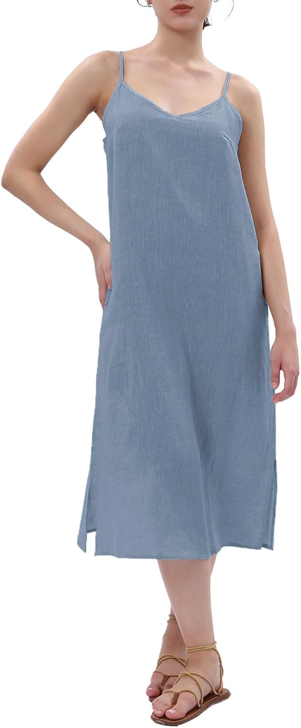 Women's 100% Linen Spaghetti Strap Slip Midi Dress with Pockets
