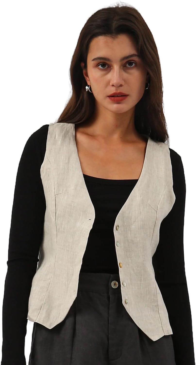 Women's 100% Linen Sleeveless Button Down Crop Waistcoat
