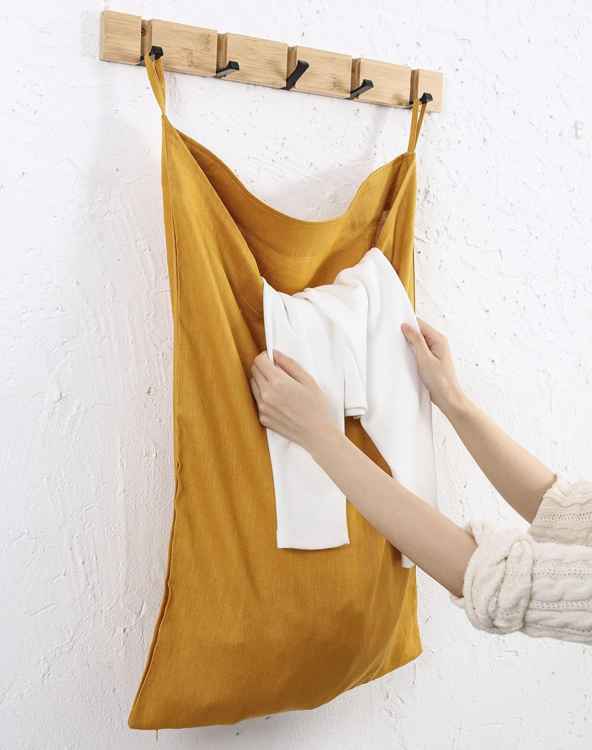 100% Linen Over The Door Laundry Hanging Hamper Bag with Bottom Zipper
