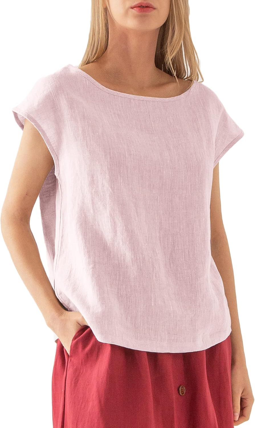 Women's 100% Linen Casual Cap Sleeve Tops Basic Blouse
