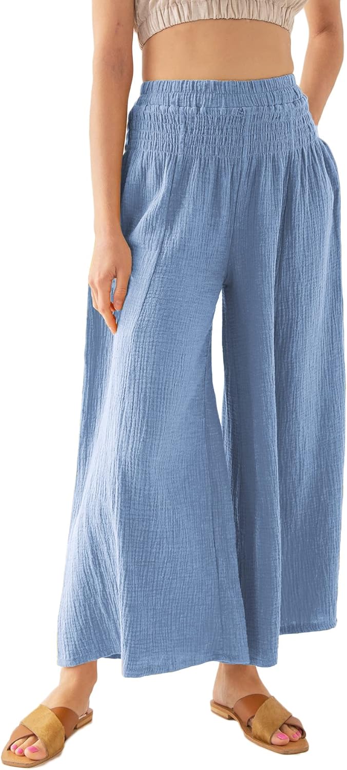 Women's Cotton Gauze Wide Leg Flowy Palazzo Lounge Pants