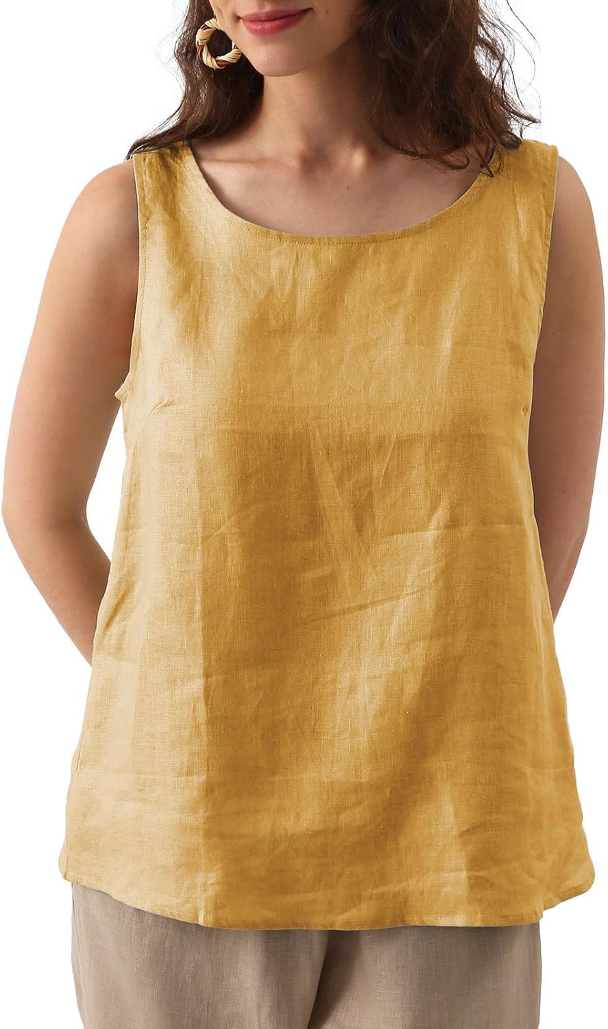 Women's 100% Linen Crewneck Sleeveless Tank Tops