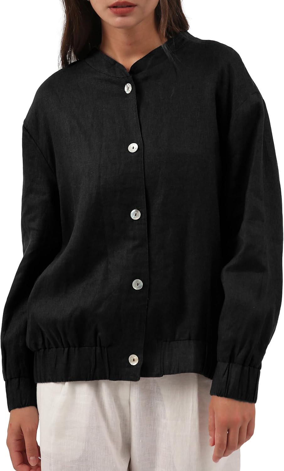 Women's 100% Linen Button Down Bomber Jacket