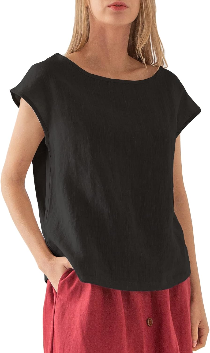 Women's 100% Linen Casual Cap Sleeve Tops Basic Blouse