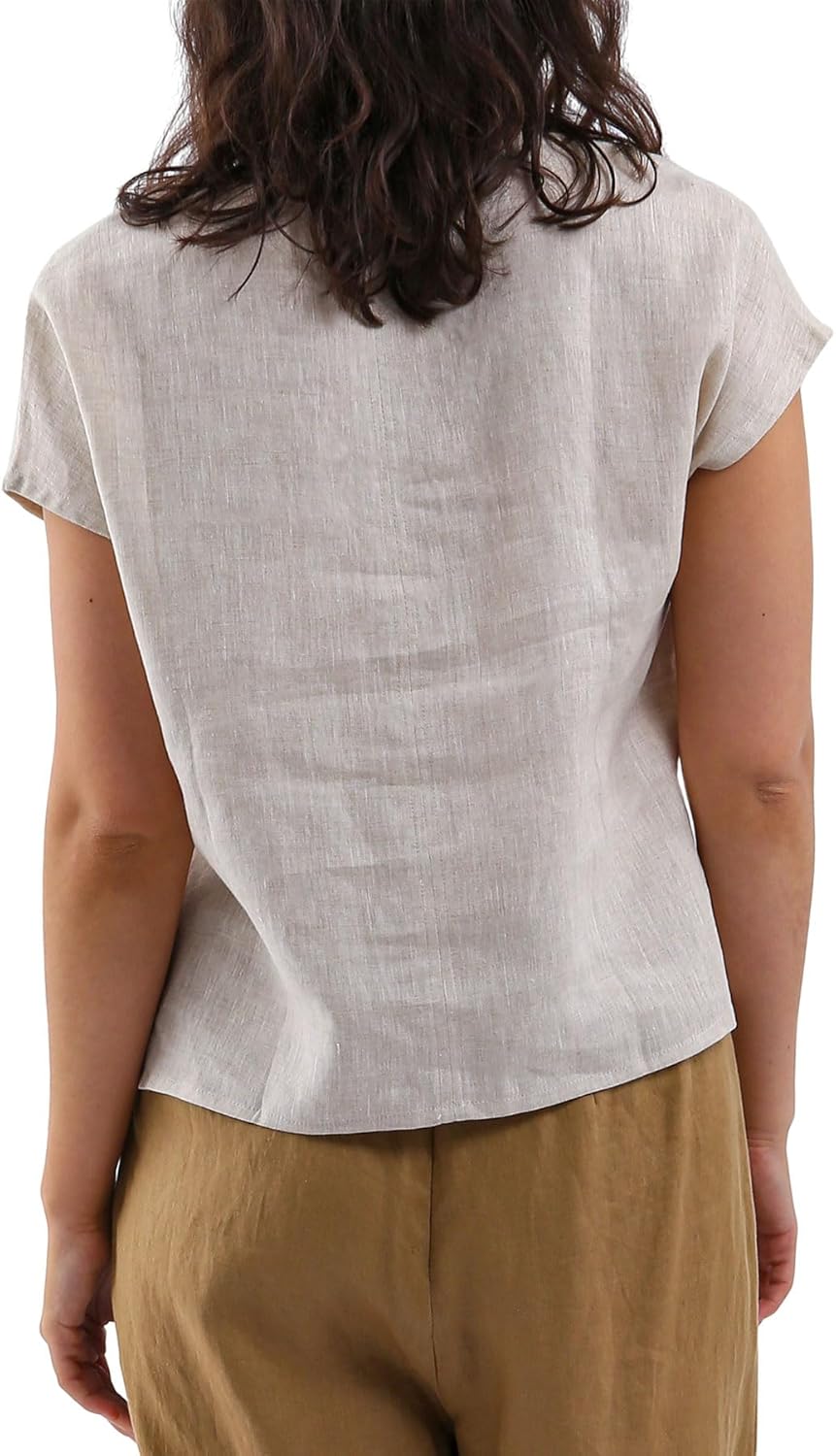 Women's 100% Linen V Neck Short Sleeve Tops
