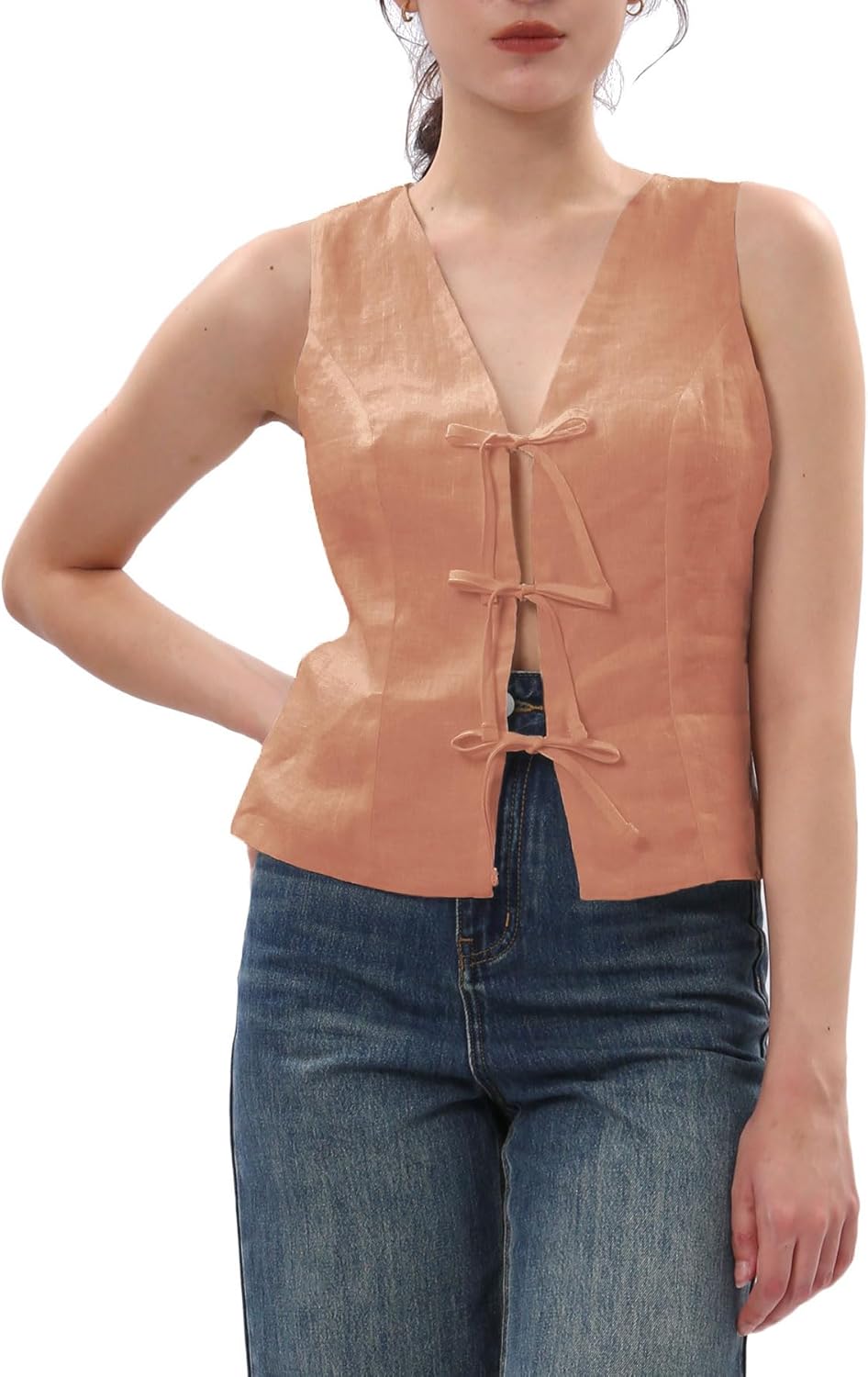 Women's 100% Linen Tie Front Crop Tops Sleeveless Vest