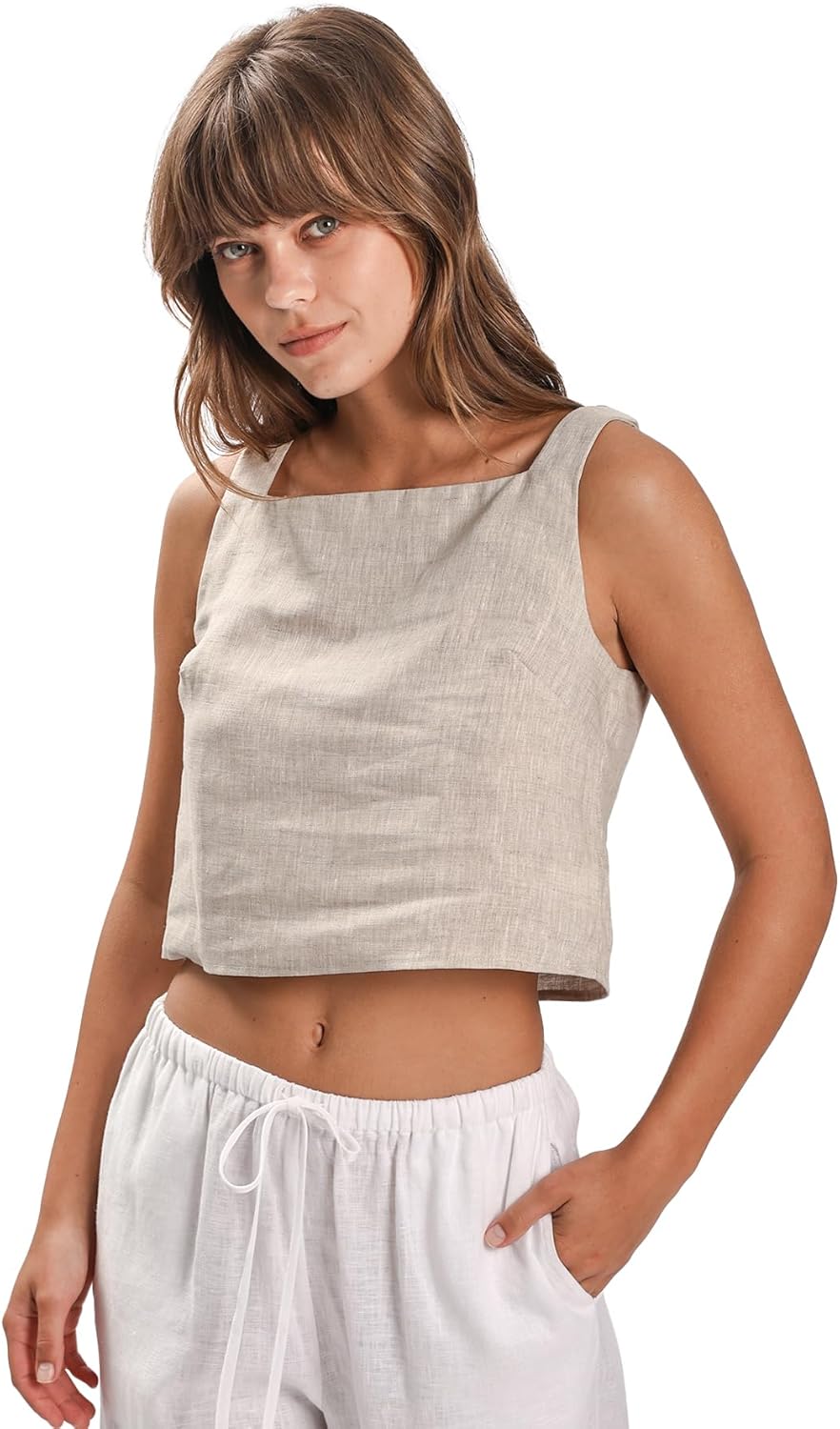 Women's 100% Linen Square Neck Sleeveless Back Keyhole Crop Tops