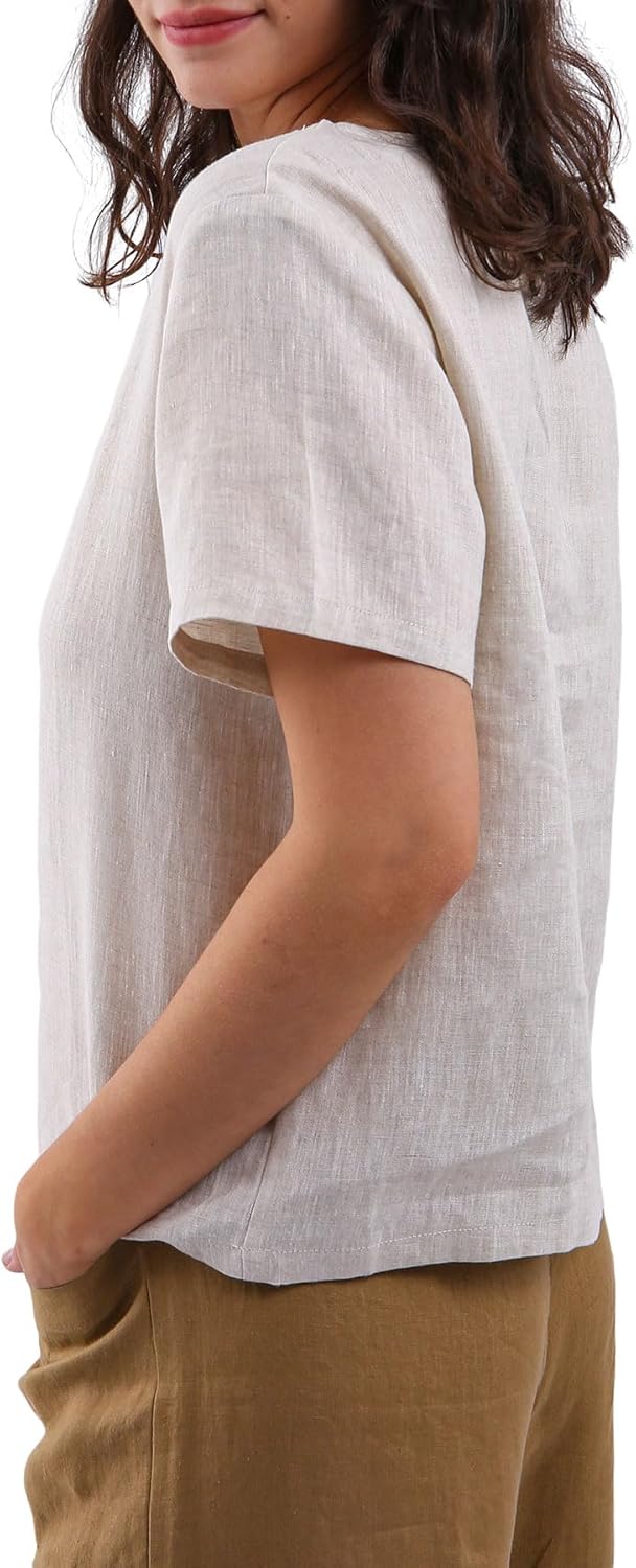 Women's 100% Linen Tops Short Sleeve Casual Blouse