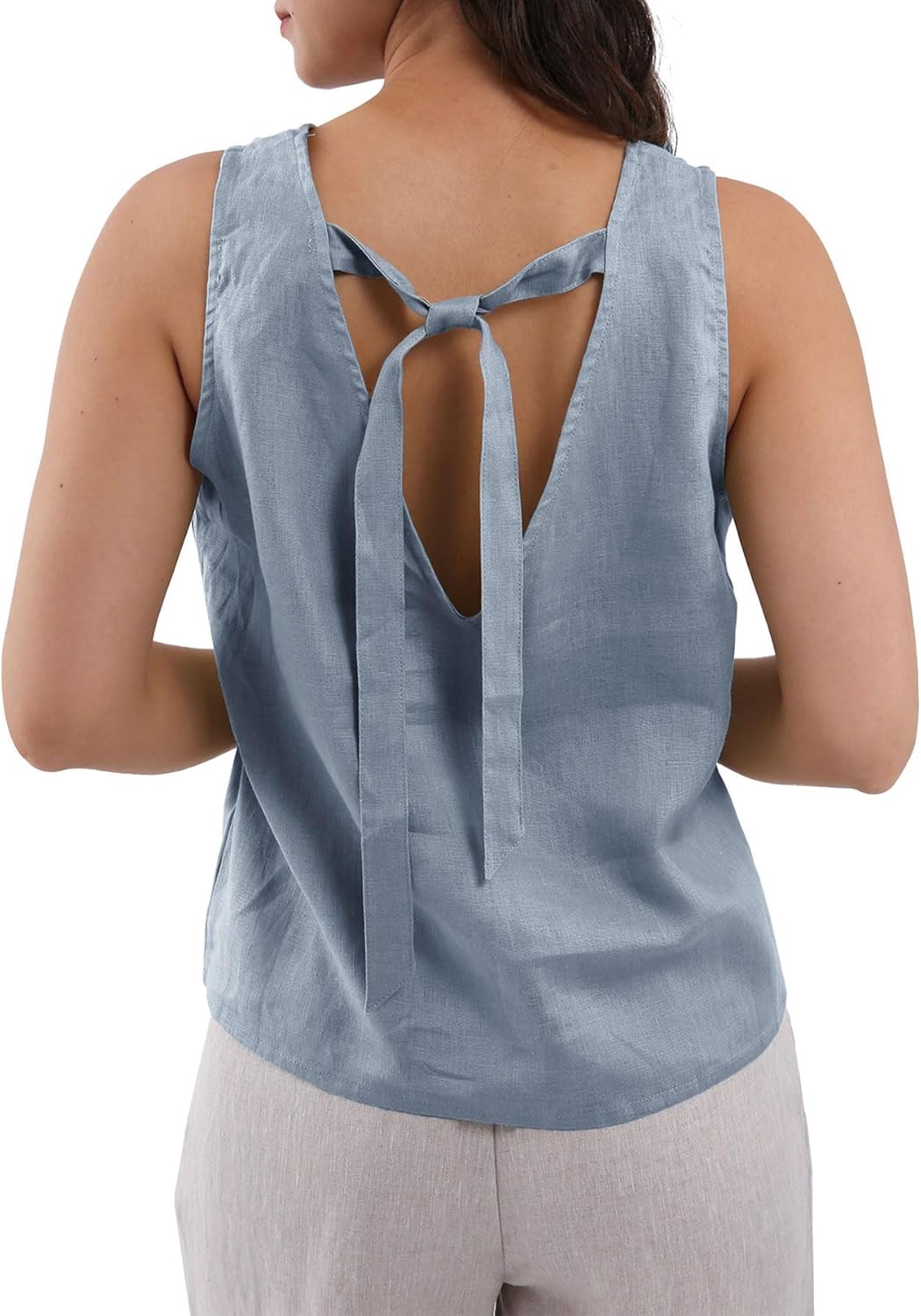 Women's 100% Linen Tie Back Sleeveless Tank Tops