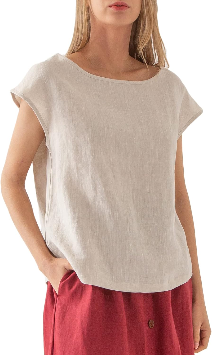 Women's 100% Linen Casual Cap Sleeve Tops Basic Blouse