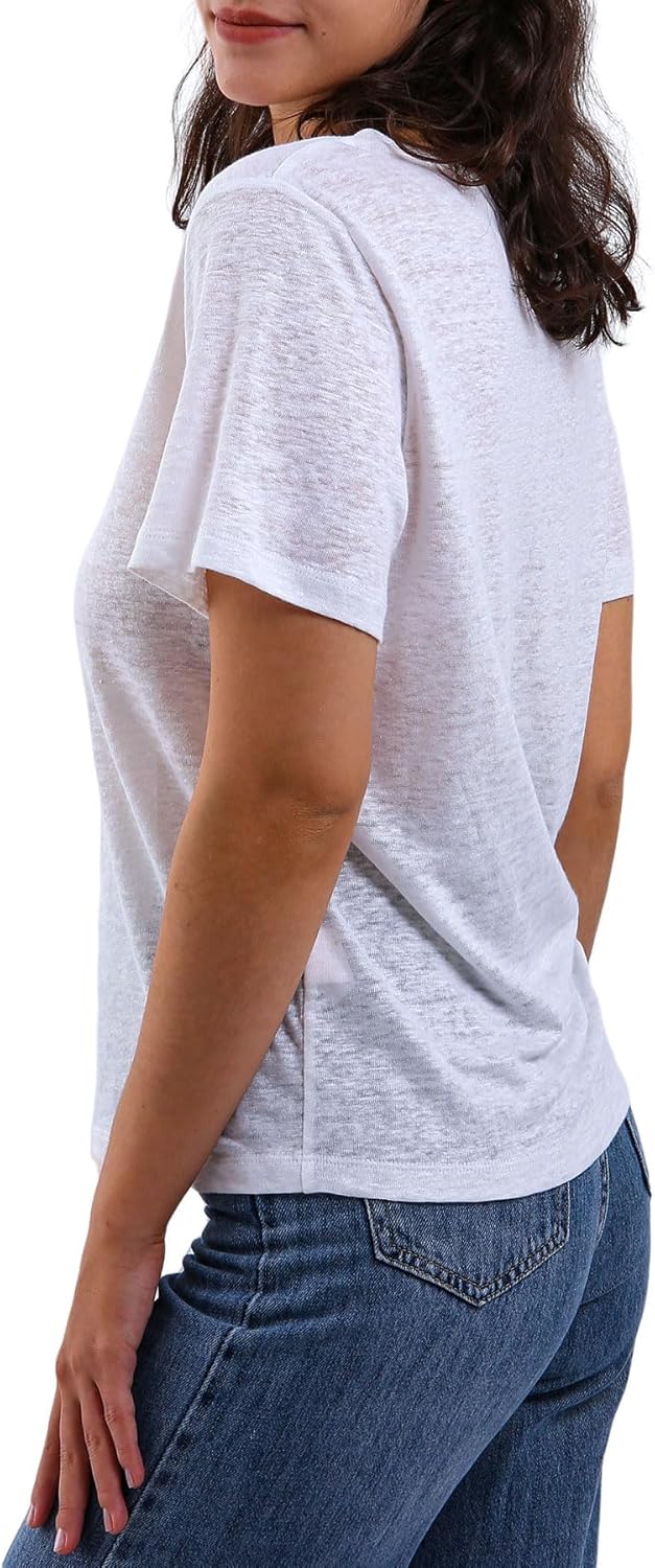 Women's 100% Linen Knitted T-Shirt Crew Neck Tee