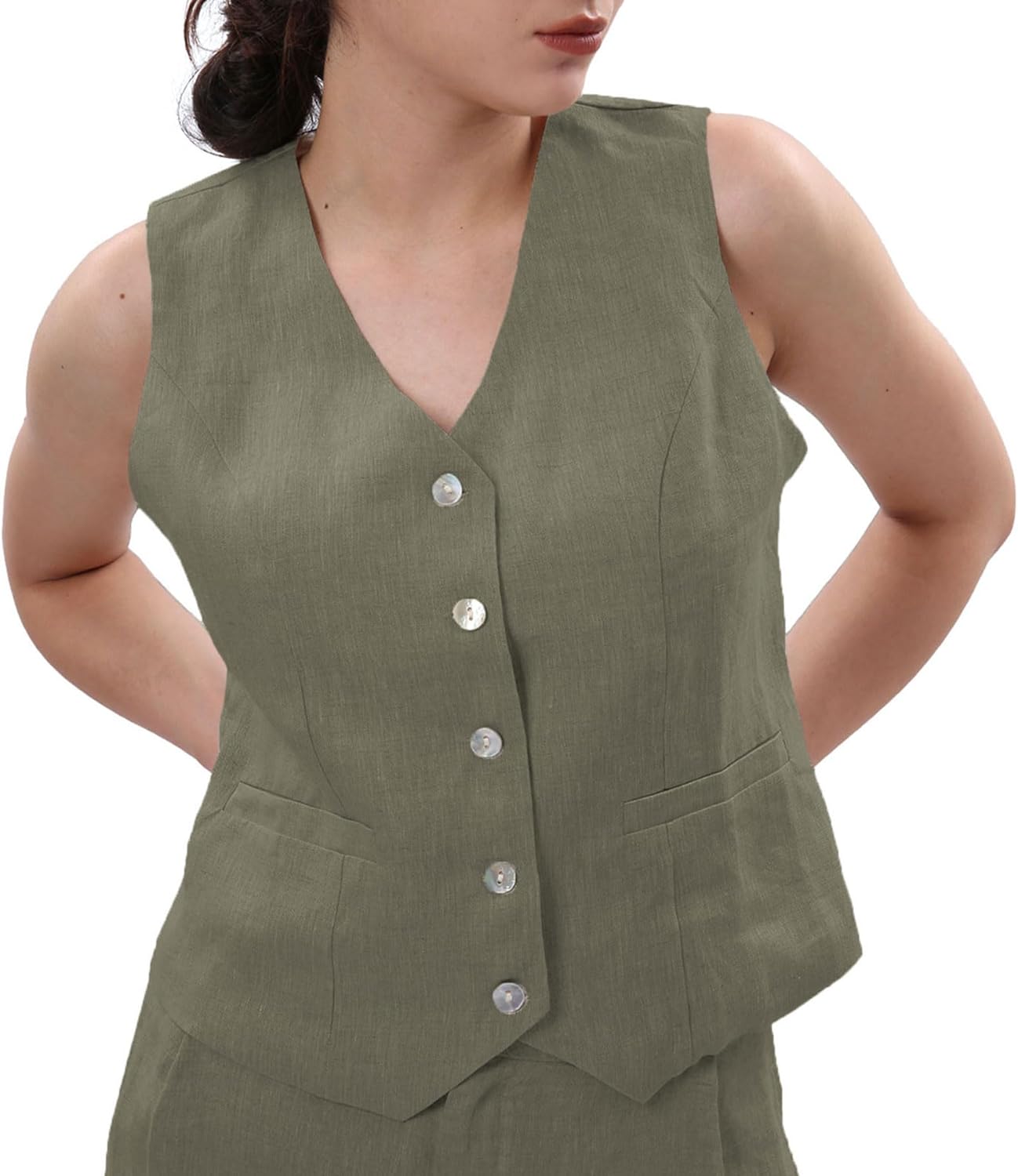Women's 100% Linen Button Down Waistcoat Sleeveless Crop Top