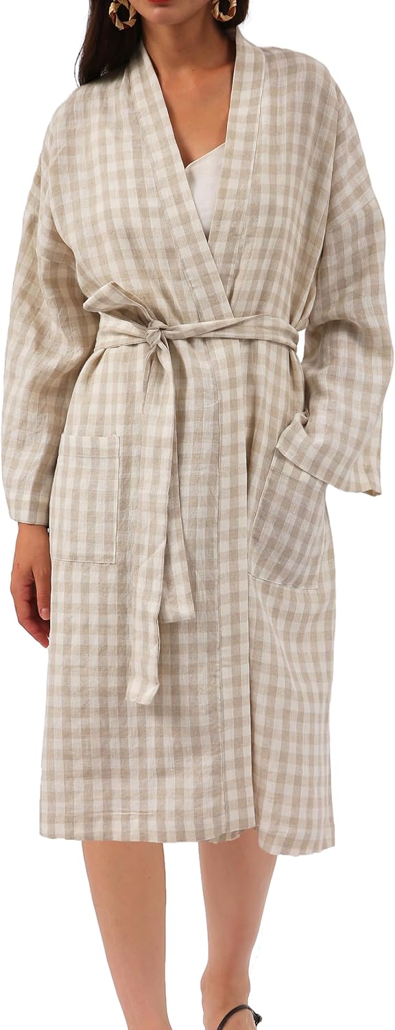 Women's 100% Linen Mid Length Kimono Robes Long Sleeve Bathrobe