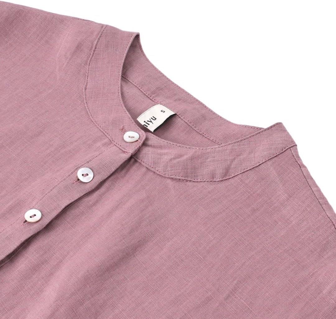 Women's 100% Linen Banded Collar Button Midi Dresses with Slits