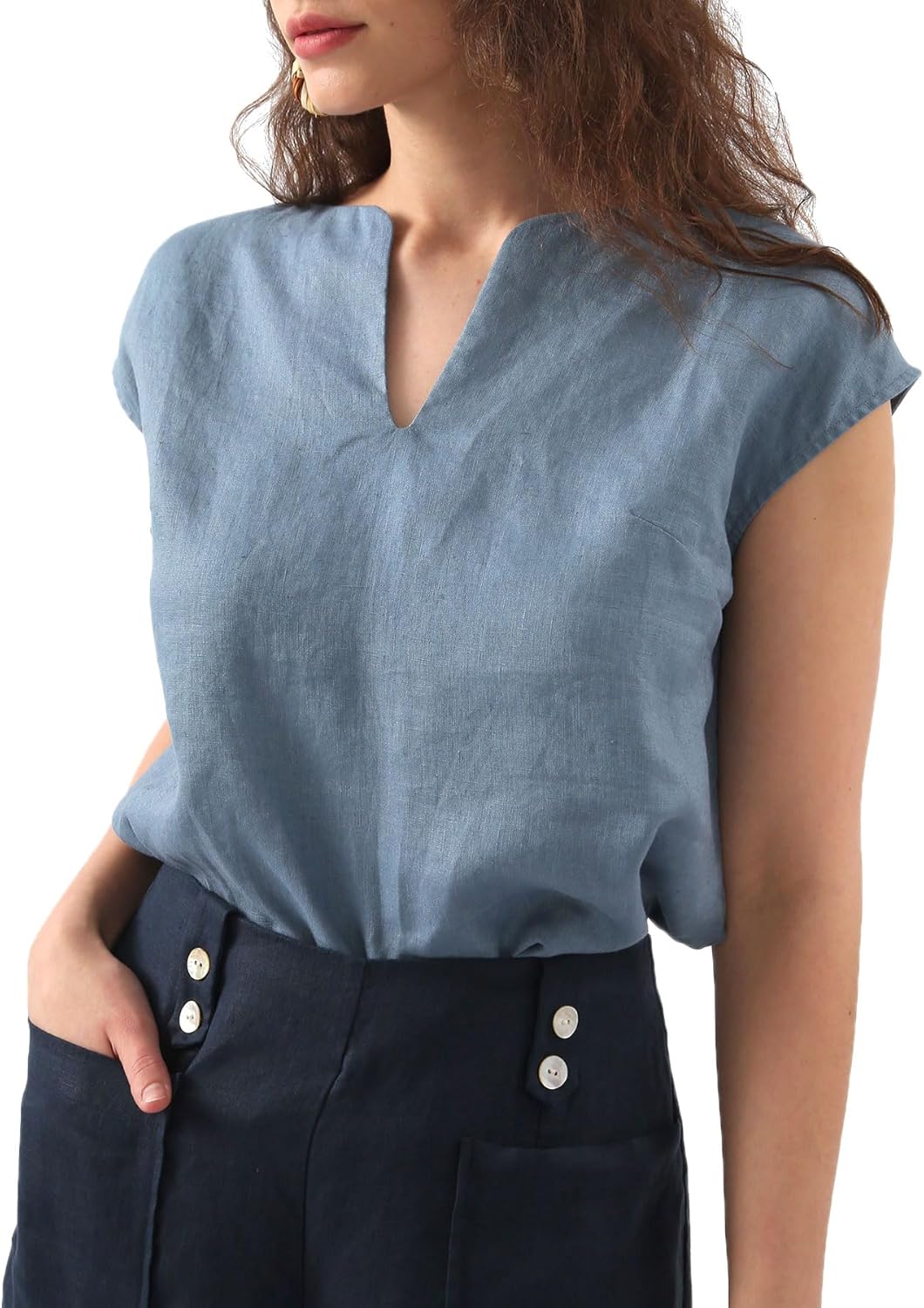 Women's 100% Linen Cap Sleeve Blouse Basic Top