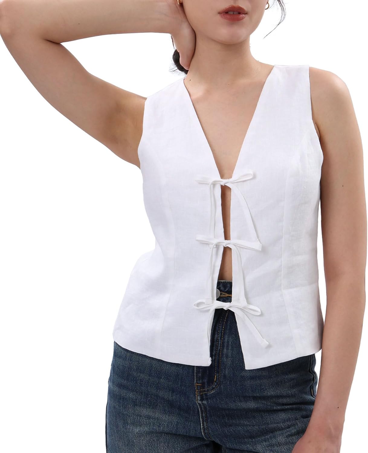 Women's 100% Linen Tie Front Crop Tops Sleeveless Vest