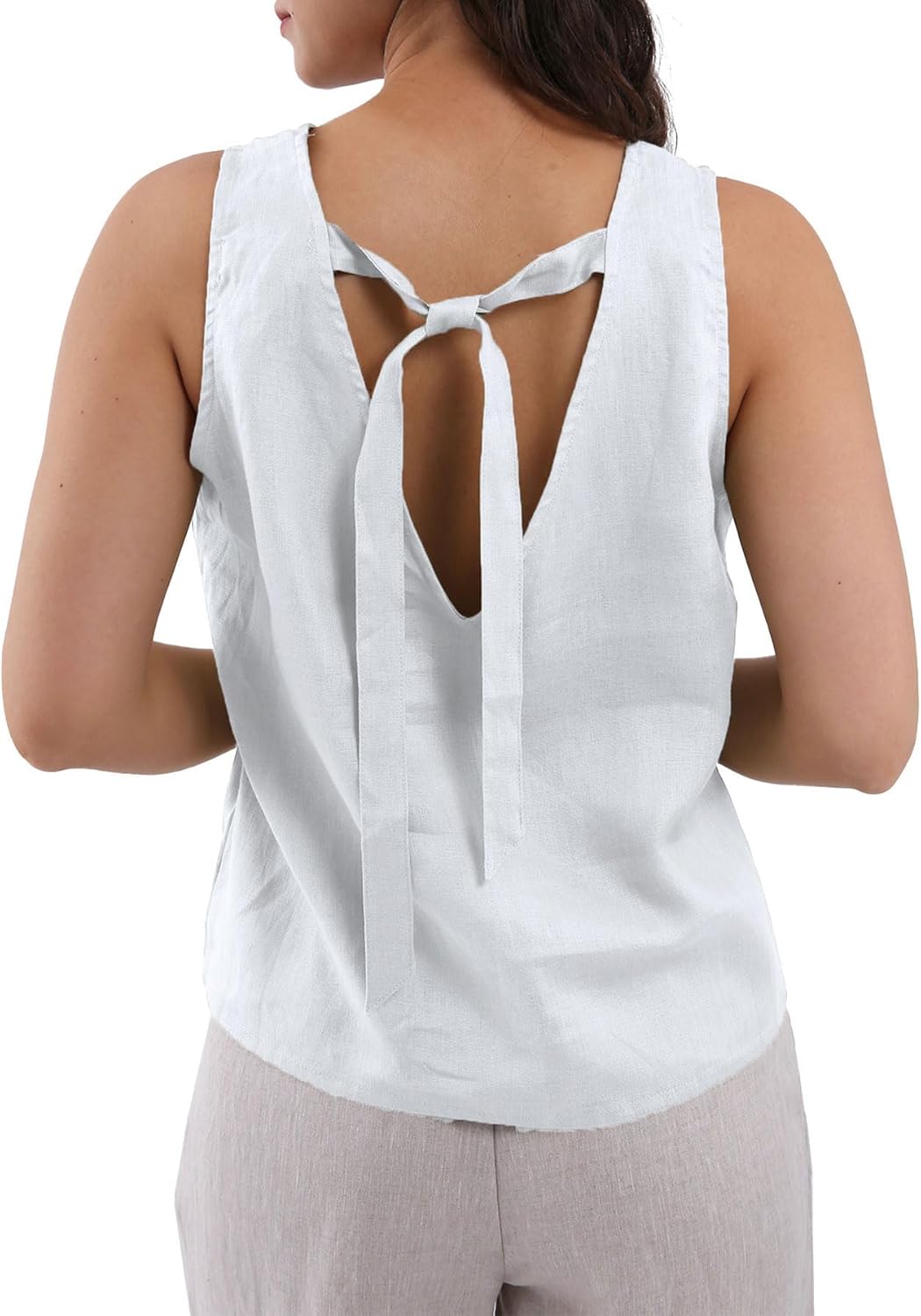Women's 100% Linen Tie Back Sleeveless Tank Tops